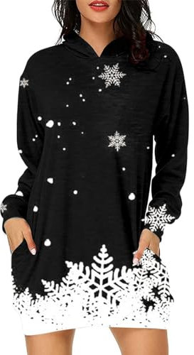 Kapuzenpullover Damen Weihnachten Hoodie Kleid Lang Elch Durck Kapuzensweatshirt Schneeflocke Sweatshirt Langärmeliger Kapuzenpullis Tops für Weihnachten Kostüm