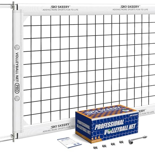 SKEERY Professionelles Volleyballnetz, offizielle Größe, 91 x 90 cm, ausgestattet mit doppelten Stahlkabeln mit 90 cm doppelseitigen Stangen, tragbares Volleyballnetz für Hinterhof, Schule, Plätze
