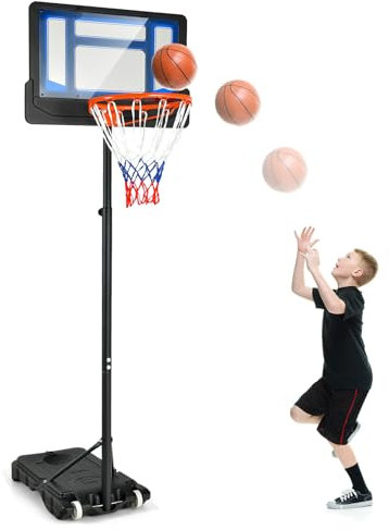 COSTWAY Canestro Basket da Interno ed Esterno Portatile e Regolabile in Altezza 90-210cm, Canestro da Basket per Bambini con Ruote, Incavo per Pallone e Tabellone Infrangibile (Blu)