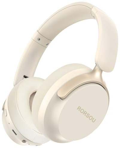 RORSOU B8 Cuffie Bluetooth su orecchio, 6 EQ modalità musicale e cuffie basse basse profonde da 50 ore con microfono, leggero Stereo pieghevole HiFi beige bianco