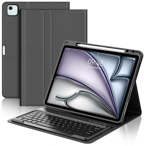 JADEMALL Funda con Teclado para iPad Air 13 Pulgadas (M3 2025, M2 2024), Teclado Bluetooth Inalámbrico Desmontable con Funda Protectora Delgada y Ranura para Bolígrafo para Tablet iPad Air 13, Negro