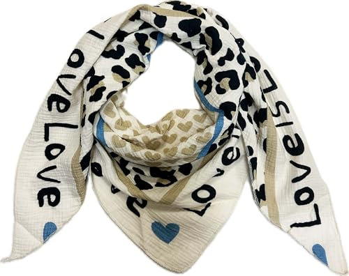J26 Love Herz Leopard Dreieck Schal aus 100% Baumwolle Frühling Unisex Uni Fashion Stola Tuch Übergangszeit Italy Sommer Strickschal Strick Tuch Heart Leo (Beige)