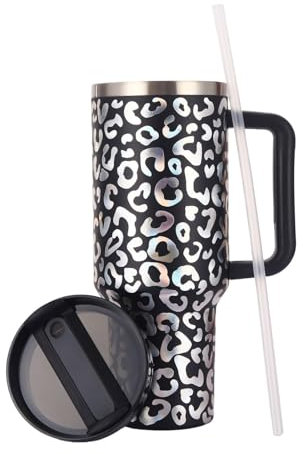 40 oz Thermal Mug with Straw and Handle, 1180 ml Double-Walled Stainless Steel Hot Cold Drinks Vacuum Drinking Cup, Coffee Mug for Home Travel (Leopard Print Black, Millilitres, 1180 ml)