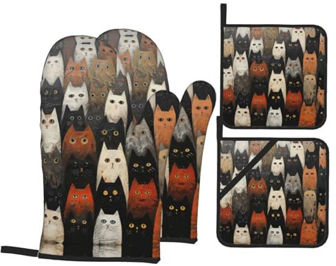 Set di 4 guanti da forno con stampa di gatti e griglie per padelle, guanti da cucina e griglie per cottura