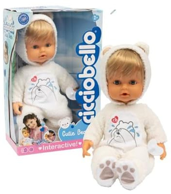Cicciobello - Cutie Bear Interaktive Puppe mit Weinfunktion und weißem Teddybär-Strampler, 42 cm hoch, hört auf zu weinen, Lernspiel für Kinder 2+