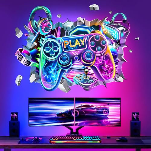decalmile Adesivi Murali 3D Gamer Adesivi da Parete Gaming Videogiochi Giochi Controllore Decorazione Murale Camera Ragazzo Camerette Bambini Stanza dei Giochi