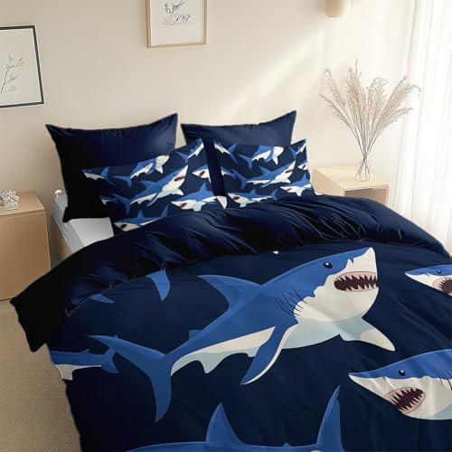 CozyRest Bettwäsche 100 x 135 cm Blauer Hai Wendebettwäsche Set 2 Teilig Superweiches Gewaschene Microfaser Deckenbezug Dunkelblau Bettbezug mit Reißverschluss und 1 Kopfkissenbezug 40 x 60 cm