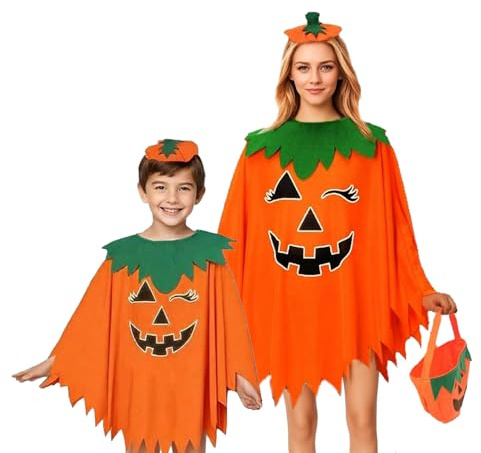 Atsmoce® Halloween Kürbis Kostüm Damen Kinder, Halloween Kürbis Umhang, Kürbiskostüm mit Haarband, Candy Bag, Einheitsgröße für Erwachsene und Einheitsgröße für Kind (Adult)