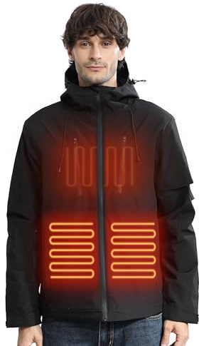 CHANGEOWN Men's Heated Jacket 2XL, Electric Heating Warm Coat with 7.4V Rechargeable Battery, 3 Temperature for Outdoor Camping Hiking Golf