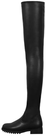 Nero,46 EU,Stivali Alti Fino alla Coscia da Donna, con Punta Tonda, sopra Il Ginocchio, con Cerniera Laterale, con Tacco Basso e Spesso, in Pelle Elasticizzata, comode Scarpe da Ballo