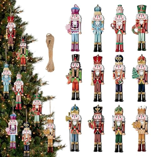 Youery Colgante de árbol de Navidad de madera, 12 piezas, bonitas figuras de cascanueces (8 cm), adornos planos de madera para colgar para árbol de Navidad, corona de Adviento y decoración de regalo