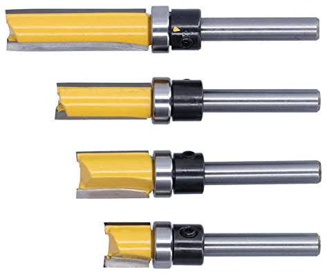 Cocoarm 4Pcs Trim Hinge Router Bit Set 1 4In Shank Round Silver Yellow, Flush Trims Tenon Cutter for Woodworking Door Hinge Installation