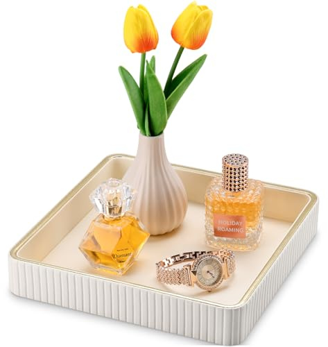 GORESE Bandeja de Valet,Bandeja para Joyas Cuero Bandejas Decorativas para Mujer Bandejas de Mesa de Noche Organizador Escritorio para Llaves,Maquillaje,Reloj,Gafas,Perfume,Joyería,Moneda(Blanco)