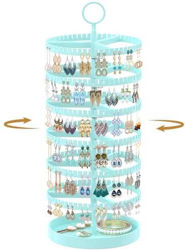 TANOSAN Rotierend Ohrring Ständer Halter Organizer mit Metalltablett, Blau | 6-Stufiger Ladies Verstellbarer Schmuck Display Kunststoffständer mit 342 Schlitzen für Ohrstecker-Reifenbügel, Platzsparend