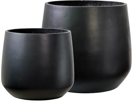 Olly & Rose Set of 2 Extra Large Fibrestone Planters Curved - Indoor and Outdoor Plant Pots XL - Black 55cm and 43cm Diameter