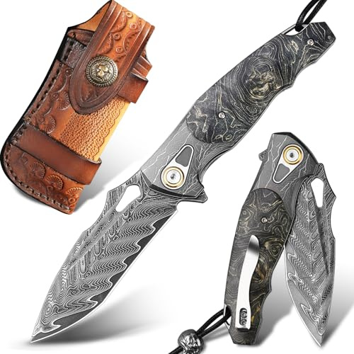 ALVELY Damaststahl-Klappmesser, 4,5-Zoll-Klinge, Taschenmesser für Herren,Mit Lederscheide und Taschenclip，Rutschfester Holzgriff，EDC-Messer für Outdoor-Camping und Bergsteigen