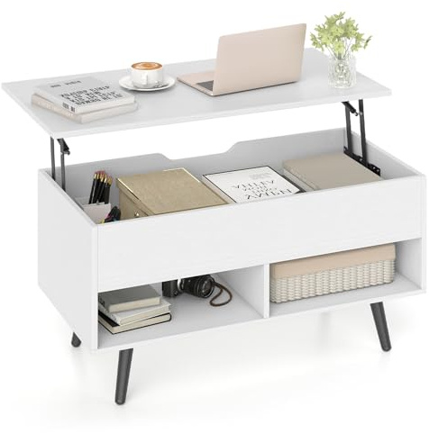 GOPLUS Couchtisch höhenverstellbar, Kaffeetisch mit anhebbarer Tischplatte, Sofatisch mit Stauraum & offenen Fächern, Wohnzimmertisch Holz, Stubentisch für Büro Wohnzimmer, 80 x 40 x 46-60 cm, Weiß