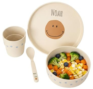 wunderwunsch Personalisiertes Lässig Geschirrset, Kinderteller Baby | Kindergeschirr mit Namen, Babyteller, Mädchen, Jungen, Kleinkind Teller Tasse Becher Set, Kunststoff, Set