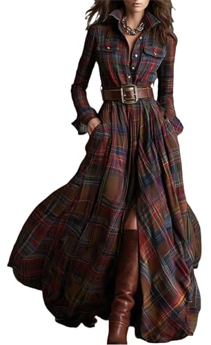 Robe longue à carreaux boutonnée sur le devant pour femme, style cowboy occidental rétro, col en V, boutonnée avec poches, Rouge, M