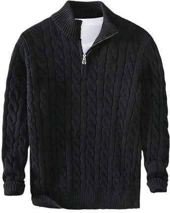 Men's Quarter Zip Pullover Sweaters, Cable Textured Cotton Soft Long Sleeve Knit Mock Neck Thermal, Classic Polo Sweater.