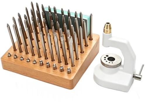 Tomedny Strumento per picchettare la riparazione di orologi, kit di punzonatura per orologiaio Strumento per gioielleria per la riparazione Set di presse per orologi con 50 punzoni 10
