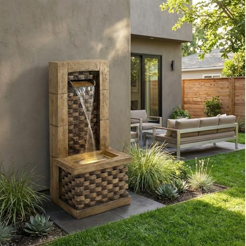 Jaxenor Gartenbrunnen, Zierbrunnen mit LED-Beleuchtung, Antik-Stil Garten Springbrunnen mit Wasserhahn und Becken, Standbrunnen für Garten, Gartenteich, Terrasse und Balkon, Antikbraun