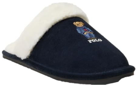 Ralph Lauren Pantofole Polo Bear in camoscio e pelliccia sintetica, blu navy, taglia 38