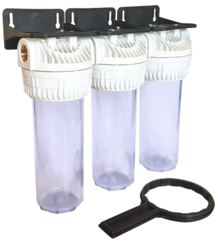 AQUAWATER - Station Filtre Triple 107225 - Traitement d'Eau Multi-Solutions - Cartouches Standard 9''3/4 - Livrée avec Équerre et Clé - Fabrication Française - Blanc