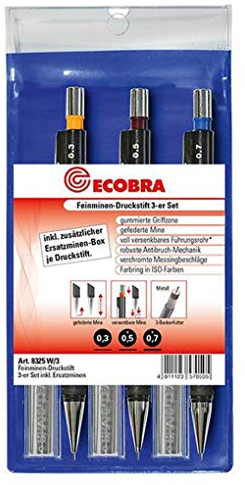 ECOBRA Feinminenstifte 3er Set im Kunststoff-Etui (0,3mm, 0,5mm, 0,7mm) Inklusive je 1 Pck. Ersatzminen in 0,3/HB,0,5/HB,0,7HB