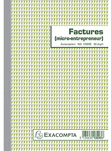 Exacompta - Réf. 13293E - Paquet de 5 manifold FACTURES micro-entrepreneur - 50 feuillets numérotés et autocopiants - duplicatas (1 original + 1 copie) - format 210 x 148 mm