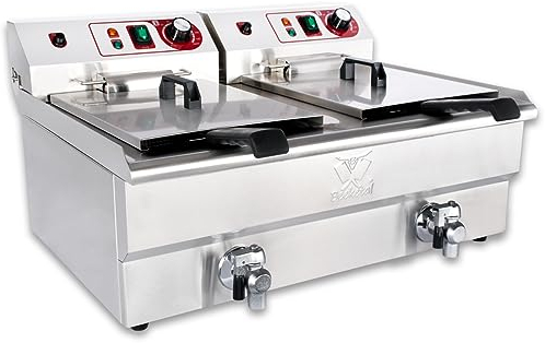 Beeketal 'BWF-162P' Profi Gastronomie Doppel Kaltzonen Fritteuse (2 x 16 Liter Volumen für max. 2 x 11 Liter Öl) Edelstahl Gastro Imbiss Friteuse mit Doppelheizspirale und Fettablaufhahn