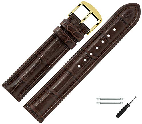 MARBURGER Uhrenarmband 18mm Leder Braun Gold Alligator (Lousiana) Prägung Mit Naht - Montage Set 8321831000220