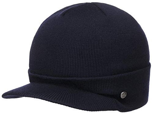 LIERYS Fine Merino Strickcap Damen Herren Wintermütze aus Merinowolle Mütze mit Schirm Herbst Winter blau One Size