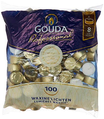 Bolsius 104430519900 Gouda Bougies chauffe-plat 8 heures – Lot de 100 bougies chauffe-plat (Blanc et Or) – 100 (1 Sac)