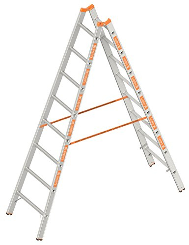 Layher 1039008 Sprossenstehleiter Topic, Aluminiumleiter 2x8 Sprossen, beidseitig begehbar, klappbar, Länge 2.40 m