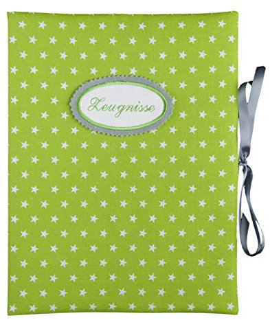 bettina bruder - Zeugnismappe DIN A4 - innen 30 Sichthüllen - Kleine Sterne grün weiß Punkte grau