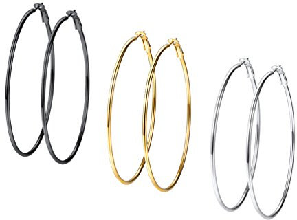 PROSTEEL 3er Ohrringe Set 70mm Damen Creolen Huggie Kreolen Ohrringe Edelstahl Hoop Klappcreolen Ohr Piercing Gold Schwarz Silber 3 Farbe Set