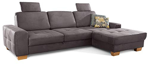 Cavadore Ecksofa Puccino mit Federkern, verstellbarer Rückenlehne und 2 Kopfstützen / Couch in L-Form im Landhausstil / 281 x 86 x 178 cm / Mikrofaser grau