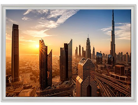 Gemälde auf Leinwand, gerahmt, mit Rahmen, Dubai – Emirati Arabi – Mittlerer Orient Metropole – Burj Khalifa al-Arab – Palm Jumeirah – 70 x 100 cm – zeitgenössischer Stil weiß – (Code 4982)
