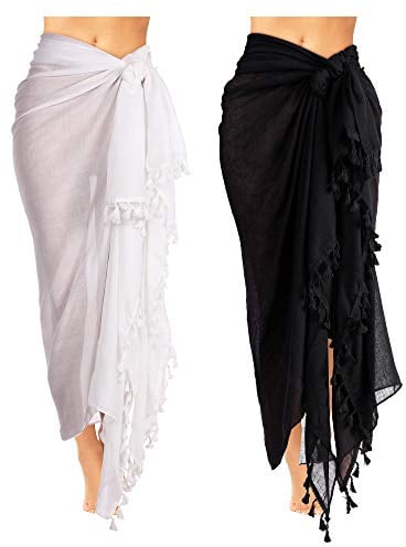 Boao 2 Stück Damen Strand Lang Sarong Badeanzug mit Quaste (Schwarz, Weiß, XL)
