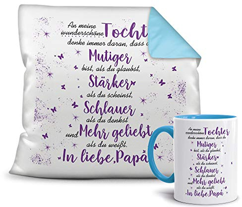 Geschenkset von dem Vater für die Tochter - Tasse und Kissen - Himmelblau/Verwandte/Geschenk-Idee/Liebling/Familie