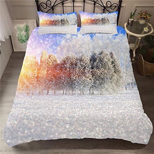 Treer Bettwäsche-Set 3 teilig, Microfaser Winterlandschaft Drucken Reißverschluss Bettbezug +2 x Kissenbezug 50x75cm 3D Design Warme Bettwäsche (3pcs-135x200+50x75cm,Winter Schneeflocke)