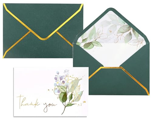 Heavy Duty Thank You Cards with Envelopes - 36 Pcs Gold Letters, 4x6 Inches, Baby Shower, Wedding, Small Business, Graduation, Funeral, Bride (Greenery)