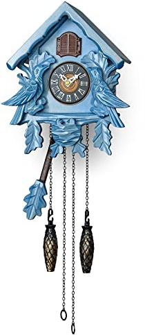 Timegear Kuckucksuhr mit Nachtmodus, singendem Vogel, Holzdekorationen und schwingendem Pendel, Blau