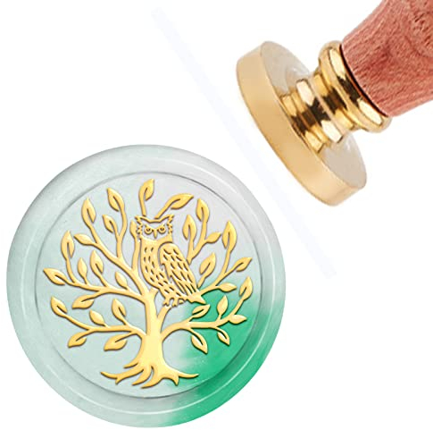 CRASPIRE Wachssiegelstempel Baum Des Lebens Vintage Siegellackstempel Eule 30mm Abnehmbarer Messingkopf Siegelstempel Mit Holzgriff Für Hochzeitseinladungen Tag Geschenkpapier