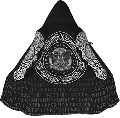 WSXJJ Odin Raven Herren Wikinger Kapuzen Mantel, Umhang Nordischem Kaschmir Imitat 3D Gedruckter Mantel Winter Mittlere Länge Parka Jacke,Thor Hammer,L