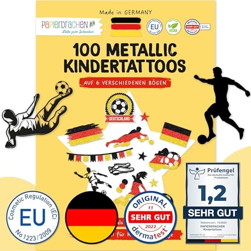 Papierdrachen 100 Metallic Tattoos - Designs für Fans der deutschen Nationalmannschaft - vegan & geprüft - Ideal für EM 2024 - Glitzer Tattoos - Fußball Deutschland - Für Kinder & Erwachsene