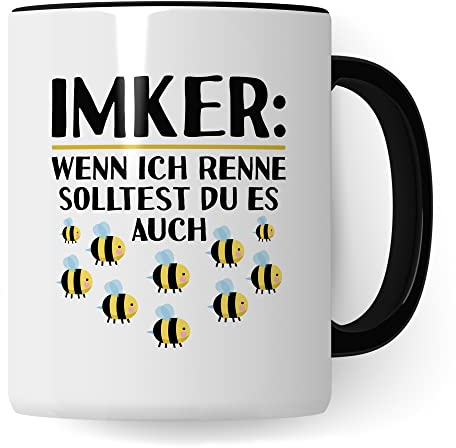 Tasse Imker Geschenk, Wenn ich renne solltest du es auch Geschenkidee Bienenzüchter Kaffee-Becher Tasse mit Spruch lustig Kaffeetasse Bienenvater Witztasse Humor Teetasse (Weiß/Schwarz)