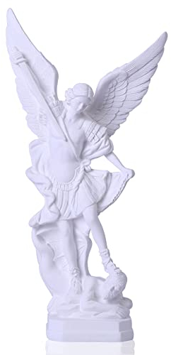 QIANLING San-Miguel-Arcangel-Statue, St.-Michael-Statue aus Kunstharz, Religion, St. Michael der Erzengel siegreich über Satan, Sammlerfigur, geeignet für Sammlung oder Dekoration, Weiß, 31,5 cm