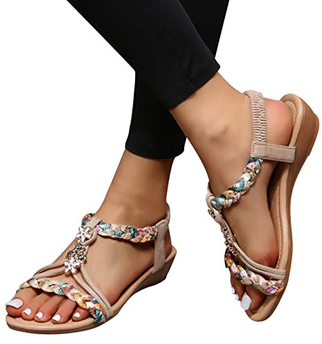 Sandales d'été pour femme avec fleurs et perles à lanières élégantes - Sandales d'été bohémiennes - Sandales plates - Tongs plates, B01 - Beige, 40